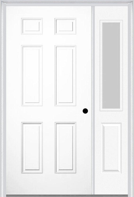 MMI 6 Panel 3'0" X 6'8" Fiberglass Smooth Exterior Prehung Door With 1 Half Lite Clear Or Privacy/Textured Glass Sidelight 21