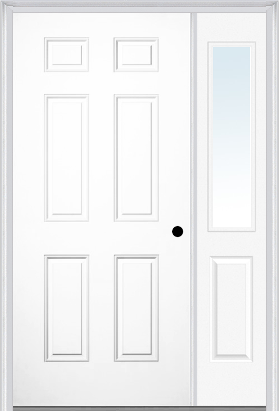 MMI 6 Panel 3'0" X 6'8" Fiberglass Smooth Exterior Prehung Door With 1 Half Lite Clear Or Privacy/Textured Glass Sidelight 21