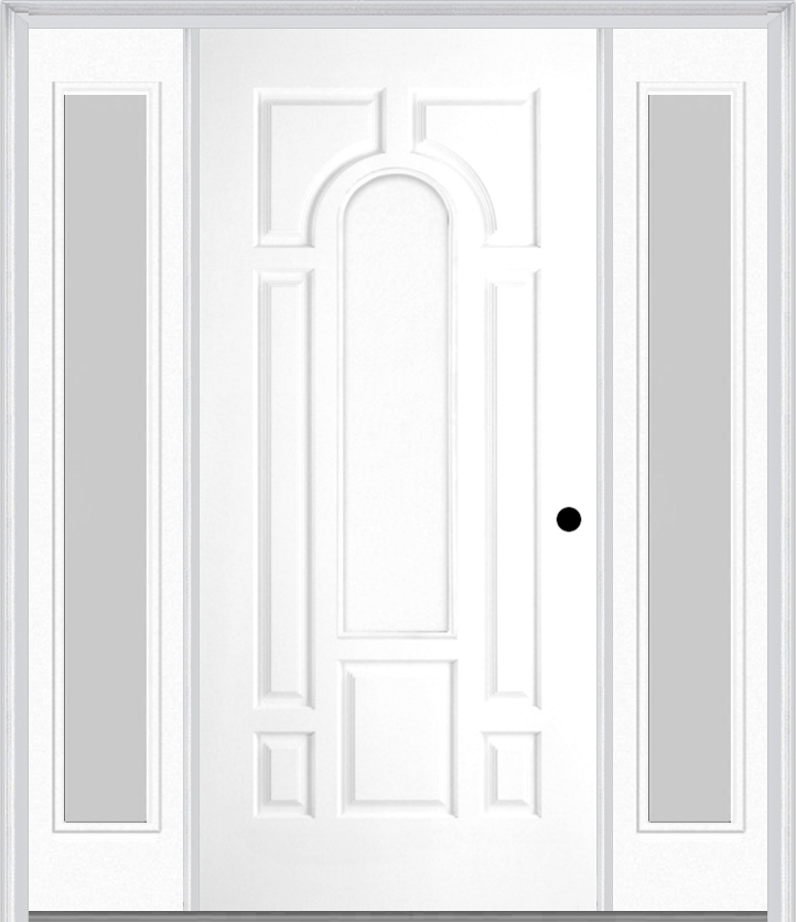 MMI 8 Panel Center Arch 3'0" X 6'8" Fiberglass Smooth Exterior Prehung Door With 2 Full Lite Clear Or Privacy/Textured Glass Sidelights 630