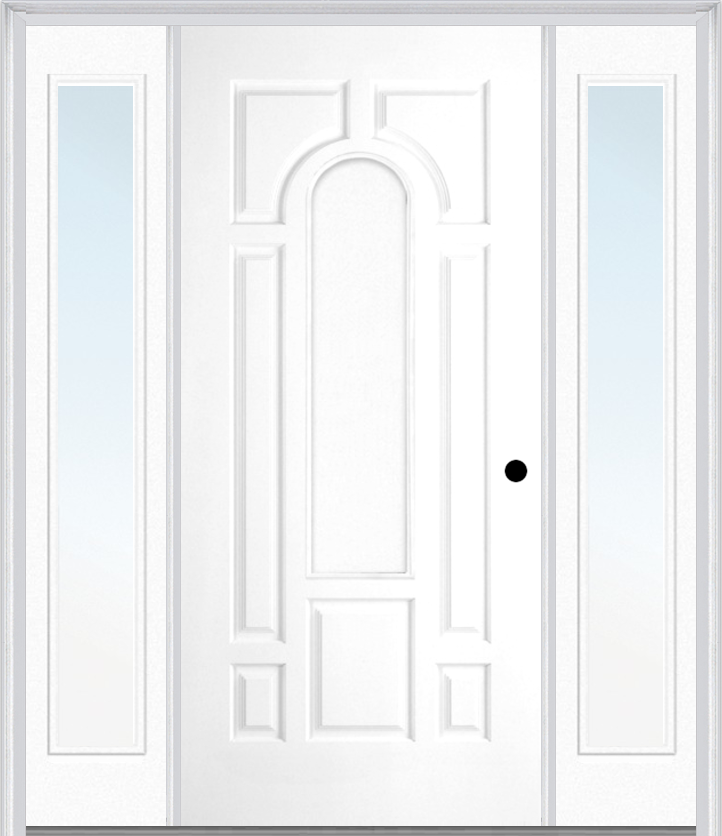 MMI 8 Panel Center Arch 3'0" X 6'8" Fiberglass Smooth Exterior Prehung Door With 2 Full Lite Clear Or Privacy/Textured Glass Sidelights 630