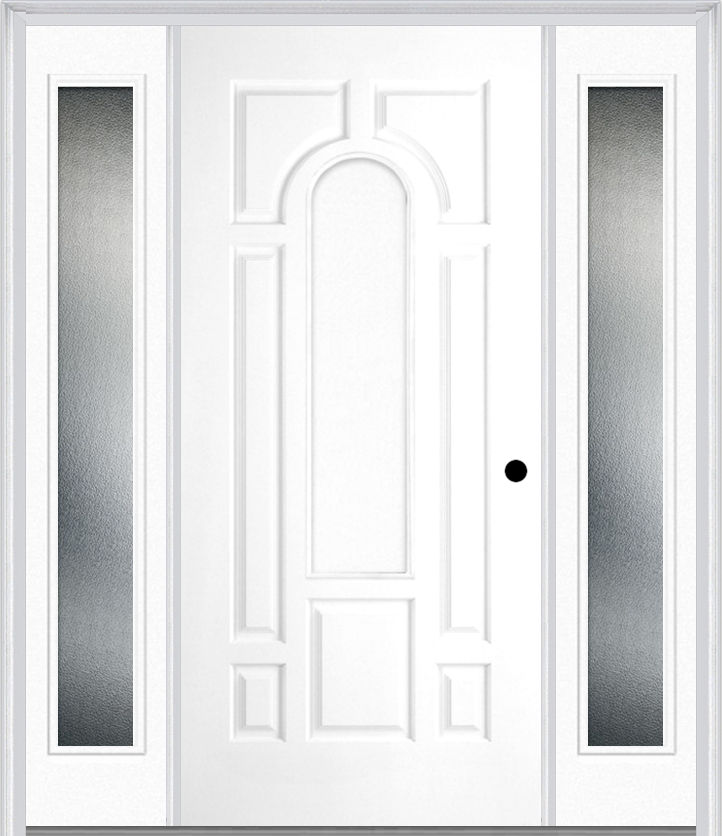 MMI 8 Panel Center Arch 3'0" X 6'8" Fiberglass Smooth Exterior Prehung Door With 2 Full Lite Clear Or Privacy/Textured Glass Sidelights 630