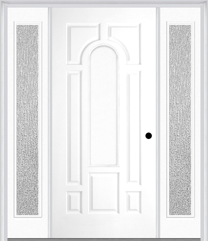 MMI 8 Panel Center Arch 3'0" X 6'8" Fiberglass Smooth Exterior Prehung Door With 2 Full Lite Clear Or Privacy/Textured Glass Sidelights 630