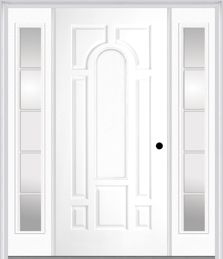 MMI 8 Panel Center Arch 3'0" X 6'8" Fiberglass Smooth Exterior Prehung Door With 2 Full Lite SDL Grilles Glass Sidelights 630