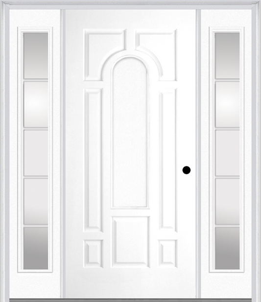 MMI 8 Panel Center Arch 3'0" X 6'8" Fiberglass Smooth Exterior Prehung Door With 2 Full Lite SDL Grilles Glass Sidelights 630