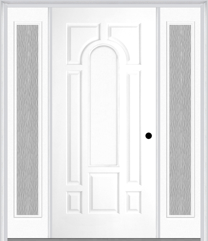 MMI 8 Panel Center Arch 3'0" X 6'8" Fiberglass Smooth Exterior Prehung Door With 2 Full Lite Clear Or Privacy/Textured Glass Sidelights 630