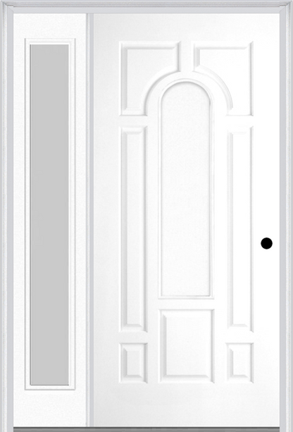 MMI 8 Panel Center Arch 3'0" X 6'8" Fiberglass Smooth Exterior Prehung Door With 1 Full Lite Clear Or Privacy/Textured Glass Sidelight 630