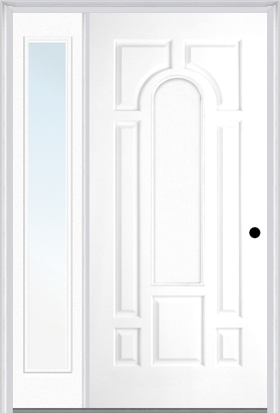 MMI 8 Panel Center Arch 3'0" X 6'8" Fiberglass Smooth Exterior Prehung Door With 1 Full Lite Clear Or Privacy/Textured Glass Sidelight 630