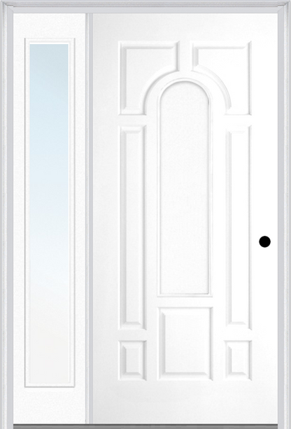 MMI 8 Panel Center Arch 3'0" X 6'8" Fiberglass Smooth Exterior Prehung Door With 1 Full Lite Clear Or Privacy/Textured Glass Sidelight 630