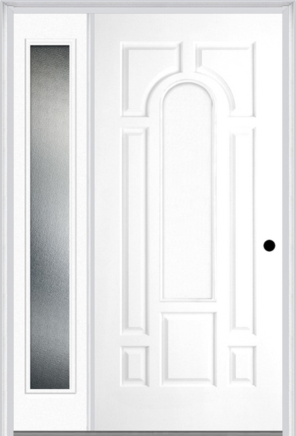 MMI 8 Panel Center Arch 3'0" X 6'8" Fiberglass Smooth Exterior Prehung Door With 1 Full Lite Clear Or Privacy/Textured Glass Sidelight 630