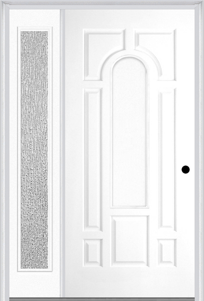 MMI 8 Panel Center Arch 3'0" X 6'8" Fiberglass Smooth Exterior Prehung Door With 1 Full Lite Clear Or Privacy/Textured Glass Sidelight 630