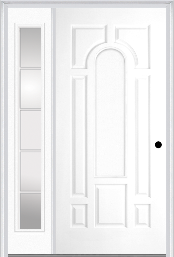 MMI 8 Panel Center Arch 3'0" X 6'8" Fiberglass Smooth Exterior Prehung Door With 1 Full Lite SDL Grilles Glass Sidelight 630