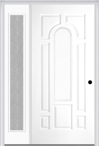 MMI 8 Panel Center Arch 3'0" X 6'8" Fiberglass Smooth Exterior Prehung Door With 1 Full Lite Clear Or Privacy/Textured Glass Sidelight 630