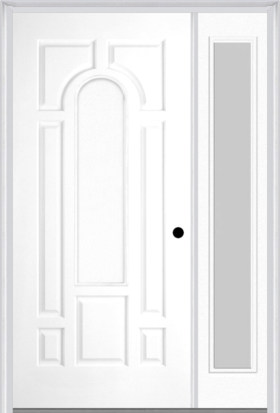 MMI 8 Panel Center Arch 3'0" X 6'8" Fiberglass Smooth Exterior Prehung Door With 1 Full Lite Clear Or Privacy/Textured Glass Sidelight 630