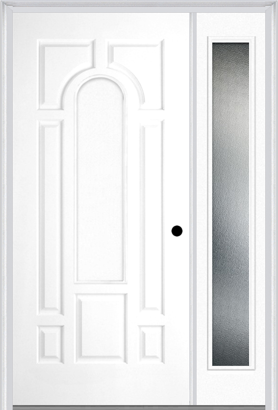 MMI 8 Panel Center Arch 3'0" X 6'8" Fiberglass Smooth Exterior Prehung Door With 1 Full Lite Clear Or Privacy/Textured Glass Sidelight 630