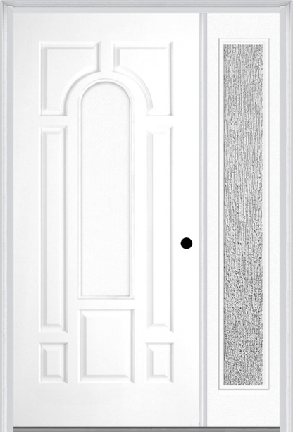 MMI 8 Panel Center Arch 3'0" X 6'8" Fiberglass Smooth Exterior Prehung Door With 1 Full Lite Clear Or Privacy/Textured Glass Sidelight 630