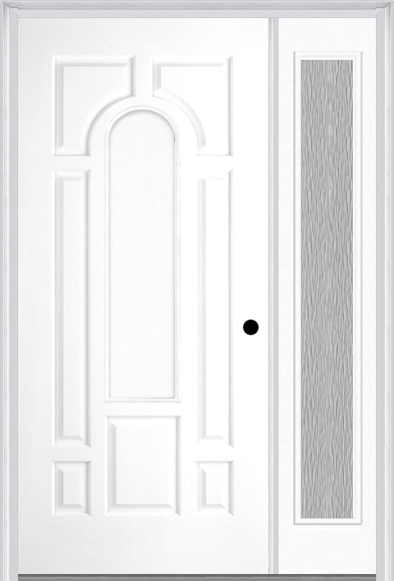 MMI 8 Panel Center Arch 3'0" X 6'8" Fiberglass Smooth Exterior Prehung Door With 1 Full Lite Clear Or Privacy/Textured Glass Sidelight 630