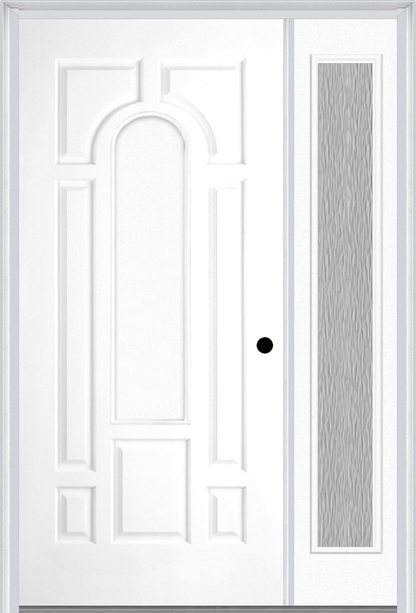 MMI 8 Panel Center Arch 3'0" X 6'8" Fiberglass Smooth Exterior Prehung Door With 1 Full Lite Clear Or Privacy/Textured Glass Sidelight 630