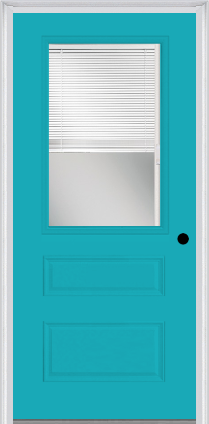 MMI 1/2 Lite Horizontal 2 Panel Raise/Lower Blinds 3'0" X 6'8" Fiberglass Smooth Clear Glass Exterior Prehung Door 631 RLB