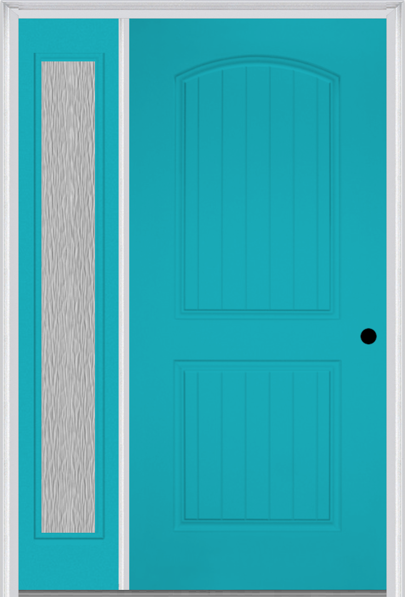 MMI 2 Panel Arch Planked 3'0" X 6'8" Fiberglass Smooth Exterior Prehung Door With 1 Full Lite Clear Or Privacy/Textured Glass Sidelight 200