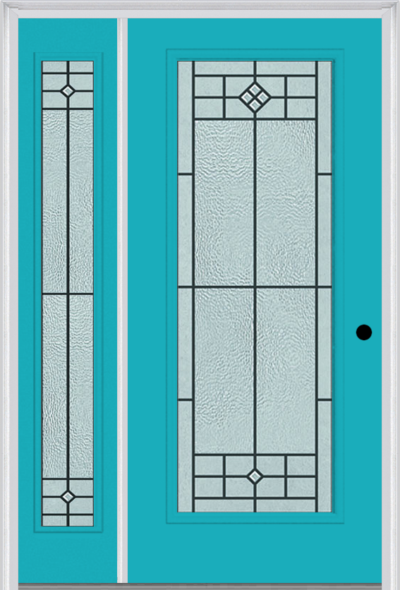 MMI Full Lite 6'8" Fiberglass Smooth Beaufort Patina Exterior Prehung Door With 1 Full Lite Beaufort Patina Decorative Glass Sidelight 686