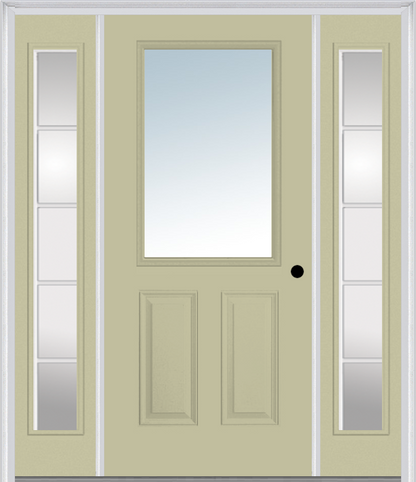 MMI 1/2 Lite 2 Panel 3'0" X 6'8" Fiberglass Smooth Exterior Prehung Door With 2 Full Lite SDL Grilles Glass Sidelights 122