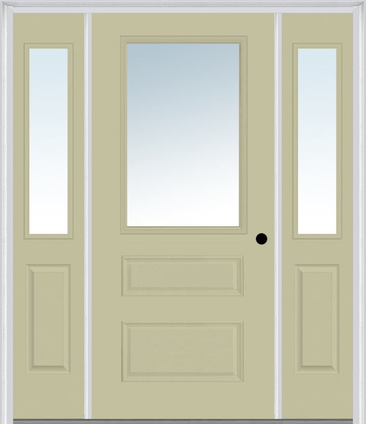 MMI 1/2 Lite Horizontal 2 Panel 3'0" X 6'8" Fiberglass Smooth Clear Glass Exterior Prehung Door With 2 Half Lite Clear Glass Sidelights 631