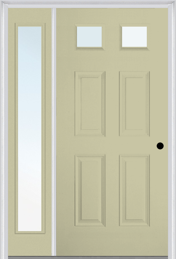 MMI 2-1/4 Lite 4 Panel 3'0" X 6'8" Fiberglass Smooth Exterior Prehung Door With 1 Full Lite Clear Glass Sidelight 23