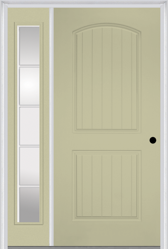 MMI 2 Panel Arch Planked 3'0" X 6'8" Fiberglass Smooth Exterior Prehung Door With 1 Full Lite SDL Grilles Glass Sidelight 200