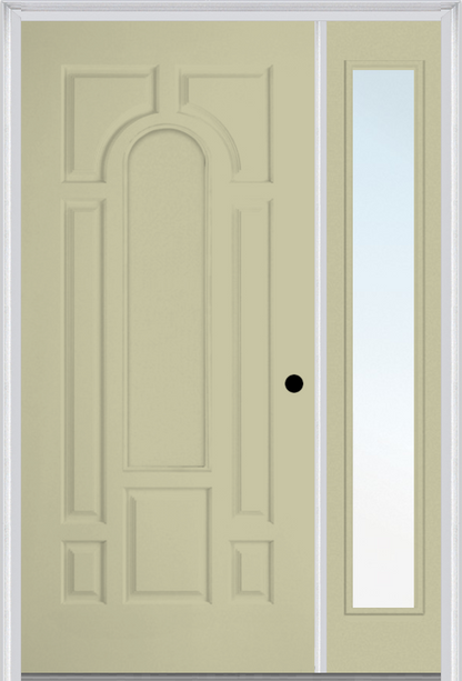 MMI 8 Panel Center Arch 3'0" X 6'8" Fiberglass Smooth Exterior Prehung Door With 1 Full Lite Clear Or Privacy/Textured Glass Sidelight 630