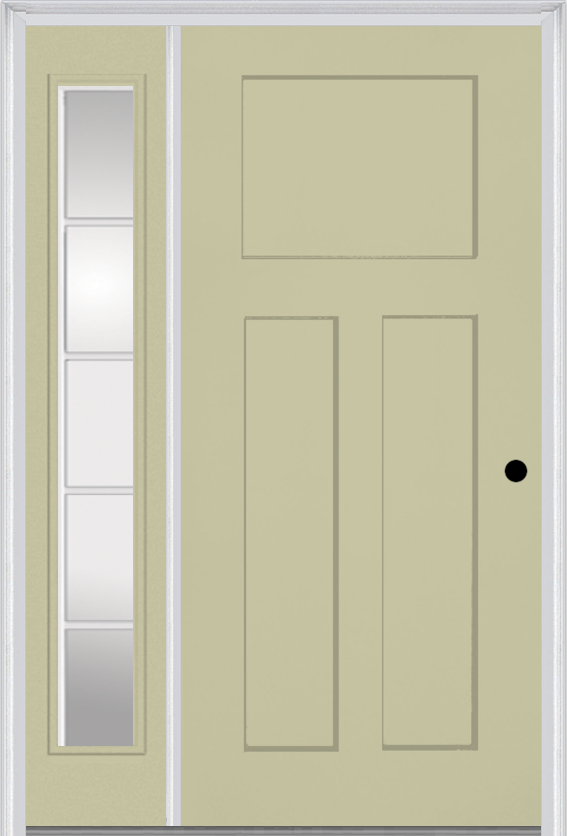 MMI Craftsman 3 Panel Shaker 3'0" X 6'8" Fiberglass Smooth Exterior Prehung Door With 1 Full Lite SDL Grilles Glass Sidelight 30