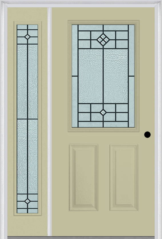 MMI 1/2 Lite 2 Panel 6'8" Fiberglass Smooth Beaufort Patina Exterior Prehung Door With 1 Full Lite Beaufort Patina Decorative Glass Sidelight 684