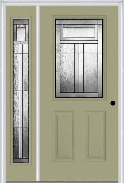 MMI 1/2 LITE 2 PANEL 6'8" FIBERGLASS SMOOTH ROYAL PATINA EXTERIOR PREHUNG DOOR WITH 1 FULL LITE ROYAL PATINA DECORATIVE GLASS SIDELIGHT 684