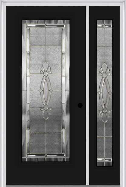 MMI Full Lite 6'8" Fiberglass Smooth Belaire Zinc Exterior Prehung Door With 1 Full Lite Belaire Zinc Decorative Glass Sidelight 686