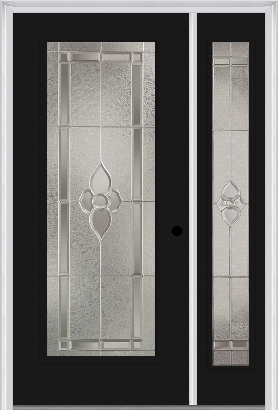 MMI Full Lite 3'0" X 6'8" Fiberglass Smooth Nouveau Nickel Or Nouveau Patina Exterior Prehung Door With 1 Full Lite Nouveau Brass, Nickel, Or Patina Decorative Glass Sidelight 686