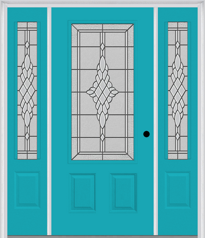 MMI 3/4 Lite 2 Panel 6'8" Fiberglass Smooth Grace Nickel Or Grace Patina Exterior Prehung Door With 2 Grace Nickel/Patina 3/4 Lite Decorative Glass Sidelights 607