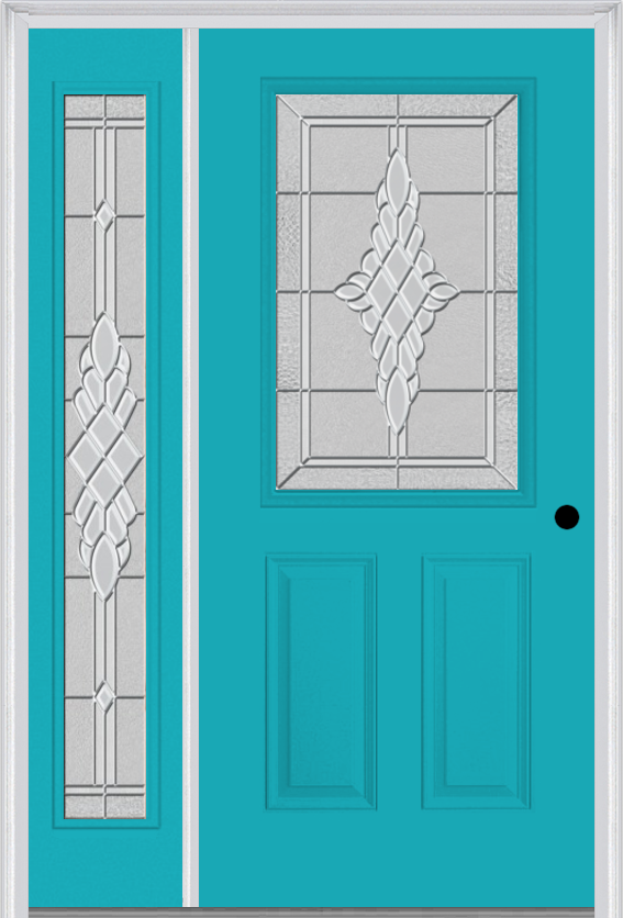 MMI 1/2 Lite 2 Panel 6'8" Fiberglass Smooth Grace Nickel Or Grace Patina Exterior Prehung Door With 1 Full Lite Grace Nickel/Patina Decorative Glass Sidelight 684
