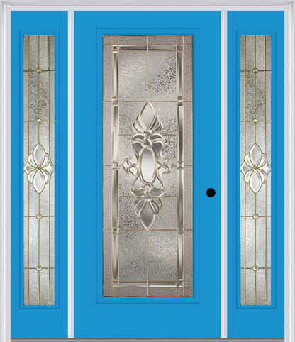 MMI Full Lite 6'8" Fiberglass Smooth Heirlooms Brass Or Heirlooms Satin Nickel Exterior Prehung Door With 2 Full Lite Heirlooms Brass/Satin Nickel Decorative Glass Sidelights 686