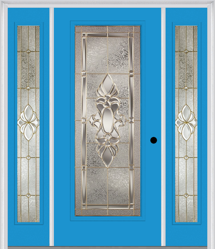 MMI Full Lite 6'8" Fiberglass Smooth Heirlooms Brass Or Heirlooms Satin Nickel Exterior Prehung Door With 2 Full Lite Heirlooms Brass/Satin Nickel Decorative Glass Sidelights 686