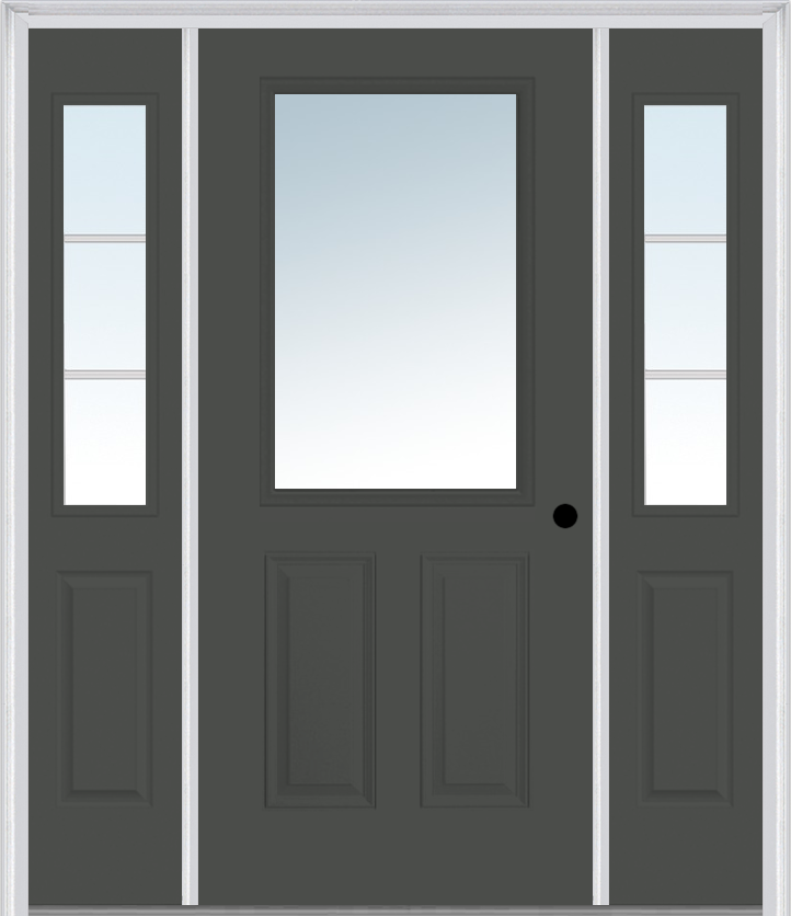 MMI 1/2 Lite 2 Panel 3'0" X 6'8" Fiberglass Smooth Exterior Prehung Door With 2 Half Lite SDL Grilles Glass Sidelights 122