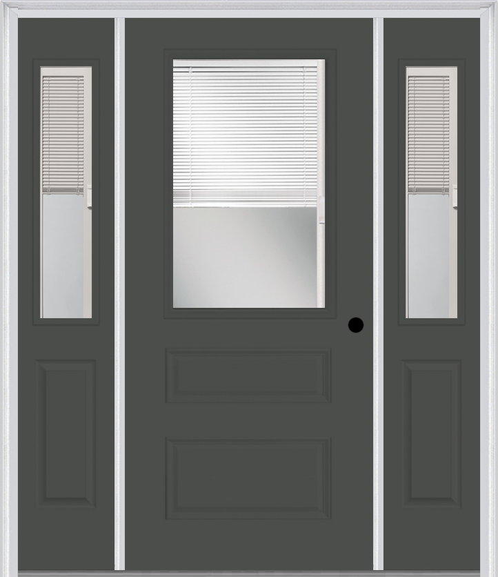MMI 1/2 Lite Horizontal 2 Panel Raise/Lower Blinds 3'0" X 6'8" Fiberglass Smooth Exterior Prehung Door With 2 Half Lite Raise/Lower Blinds Clear Glass Sidelights 631 RLB 692 RLB