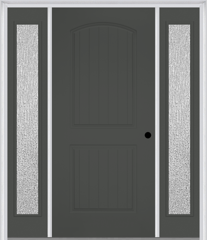 MMI 2 Panel Arch Planked 3'0" X 6'8" Fiberglass Smooth Exterior Prehung Door With 2 Full Lite Clear Or Privacy/Textured Glass Sidelights 200