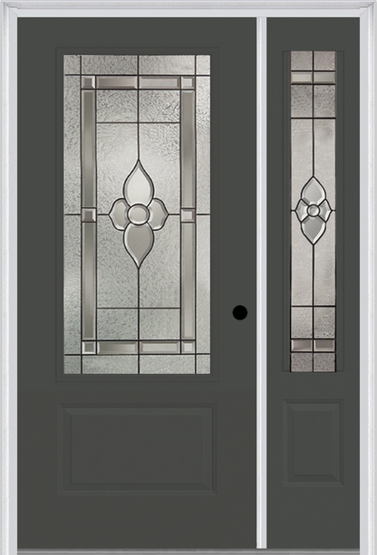 MMI 3/4 Lite 1 Panel 3'0" X 6'8" Fiberglass Smooth Nouveau Nickel Or Nouveau Patina Exterior Prehung Door With 1 Nouveau Brass/Nickel/Patina 3/4 Lite Decorative Glass Sidelight 608