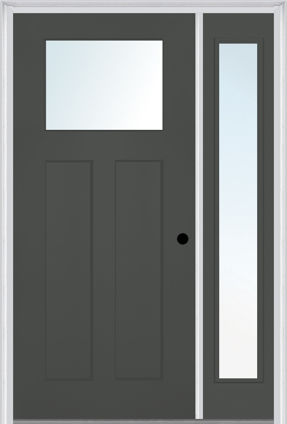 MMI Craftsman 2 Panel Shaker 3'0" X 6'8" Fiberglass Smooth Low-E Glass Exterior Prehung Door With 1 Full Craftsman Lite Clear Or SDL Glass Sidelight 866, 867 SDL, Or 868 SDL