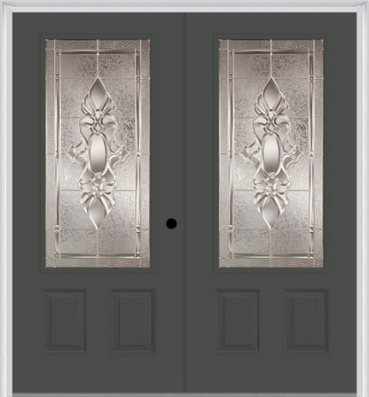 MMI TWIN/DOUBLE 3/4 LITE 2 PANEL 6'0" X 6'8" FIBERGLASS SMOOTH HEIRLOOMS BRASS OR HEIRLOOMS SATIN NICKEL DECORATIVE GLASS EXTERIOR PREHUNG DOOR 607