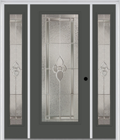 MMI Full Lite 6'8" Fiberglass Smooth Nouveau Nickel Or Nouveau Patina Exterior Prehung Door With 2 Full Lite Nouveau Brass, Nickel, Or Patina Decorative Glass Sidelights 686