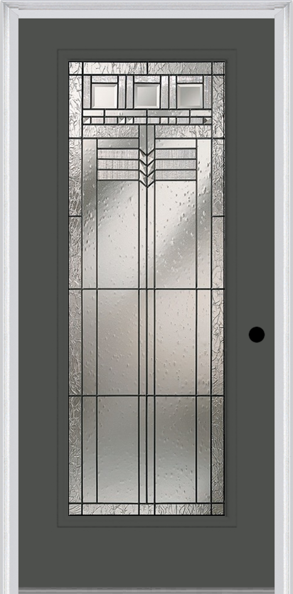MMI Full Lite 6'8" Fiberglass Smooth Oak Park Patina Decorative Glass Exterior Prehung Door 686