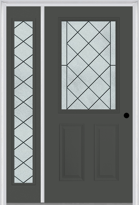 MMI 1/2 Lite 2 Panel 6'8" Fiberglass Smooth Harris Patina Exterior Prehung Door With 1 Full Lite Harris Patina Decorative Glass Sidelight 684