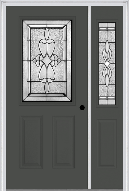 MMI 1/2 Lite 2 Panel 6'8" Fiberglass Smooth Jamestown Patina Exterior Prehung Door With 1 Half Lite Jamestown Patina Decorative Glass Sidelight 684