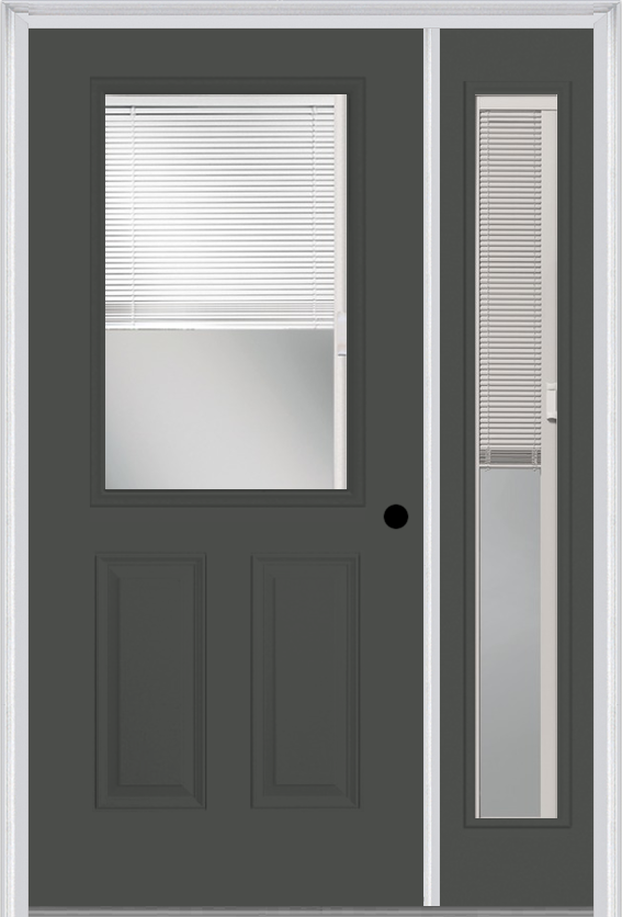 MMI 1/2 Lite 2 Panel Raise/Lower Blinds 3'0" X 6'8" Fiberglass Smooth Exterior Prehung Door With 1 Full Lite Glass Raise/Lower Blinds Sidelight 684 RLB 694 RLB
