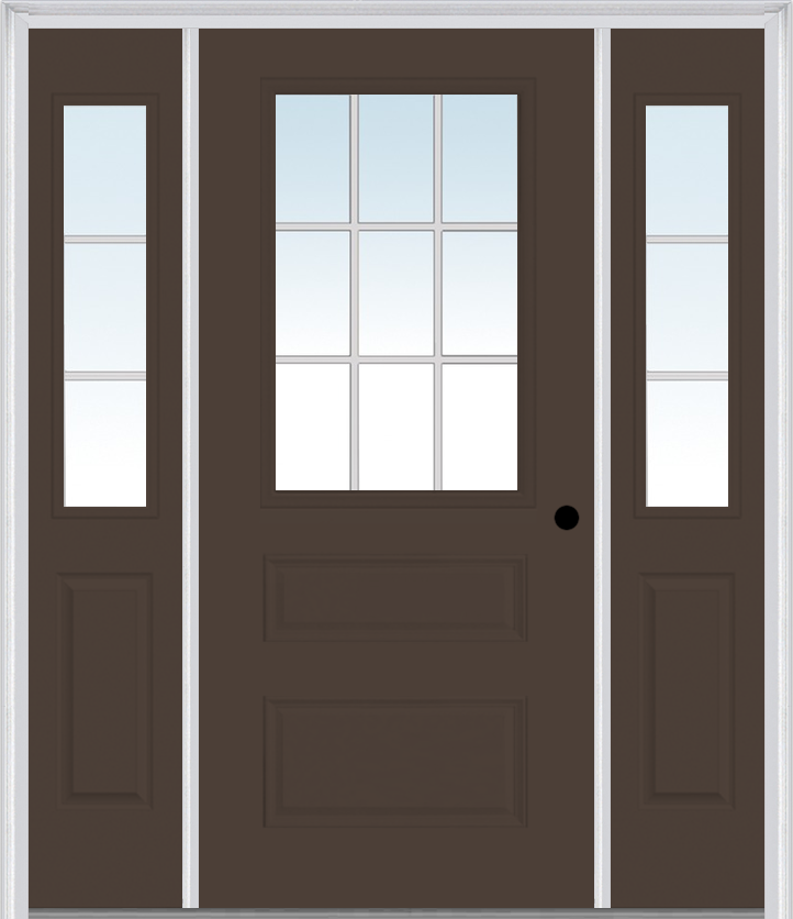 MMI 1/2 Lite Horizontal 2 Panel 3'0" X 6'8" Fiberglass Smooth White Grilles Between Glass Exterior Prehung Door With 2 Half Lite White Grilles Between Glass Sidelights 631 GBG 692 GBG